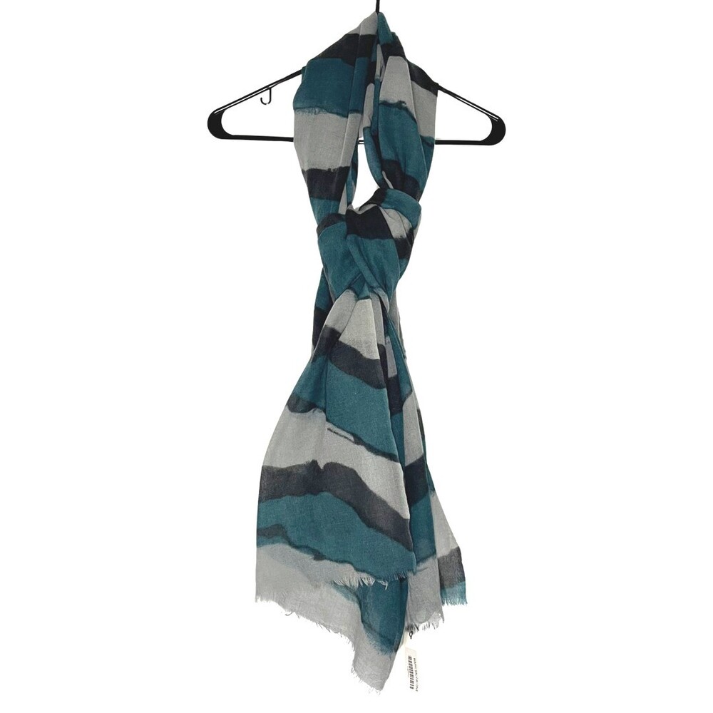 Humanoid 100% Wool Womens Scarf Blue Gray Stripe Print Lightweight Wrap Dutch
